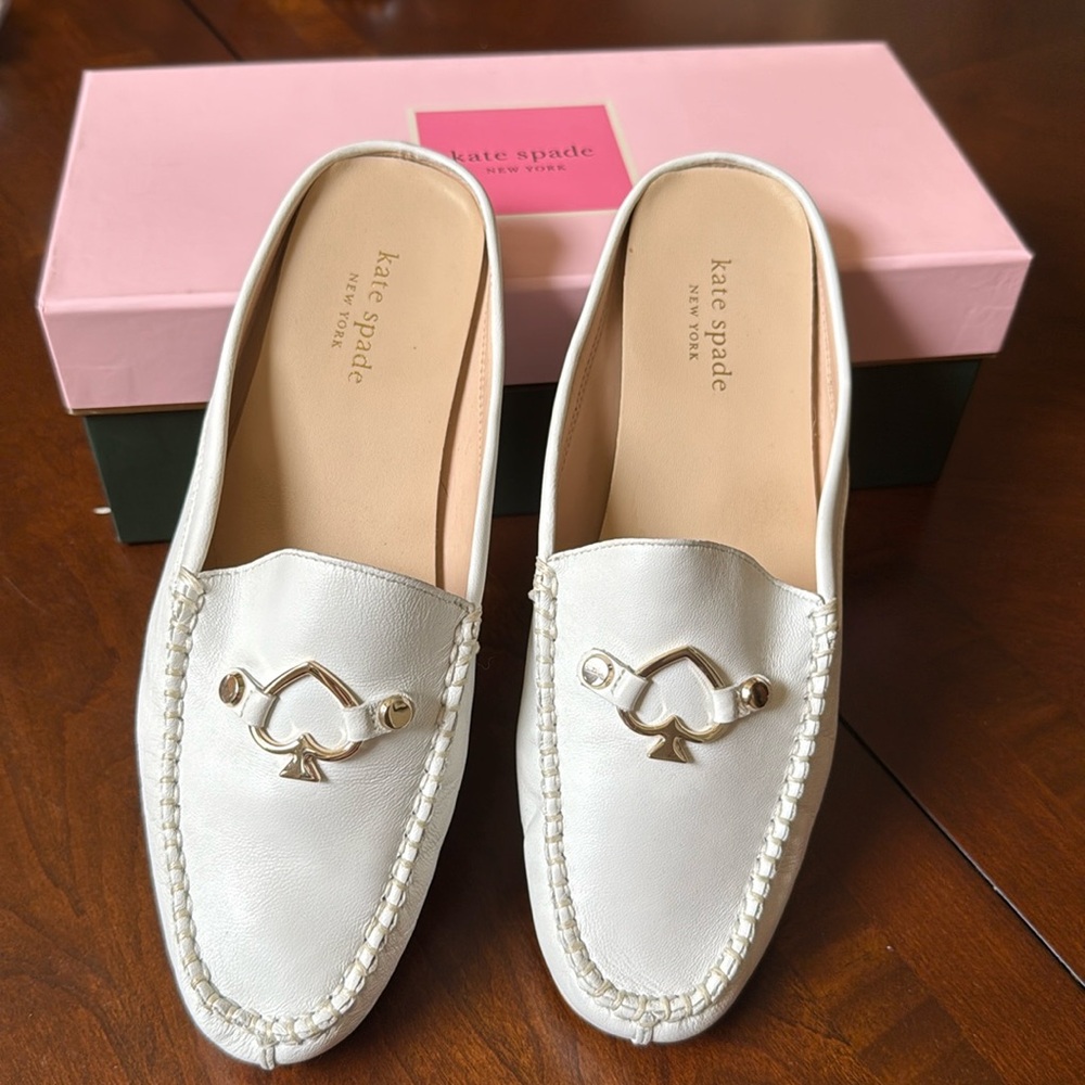 Kate Spade Maura White Flat Mules Signature Buckle Women's size 8M